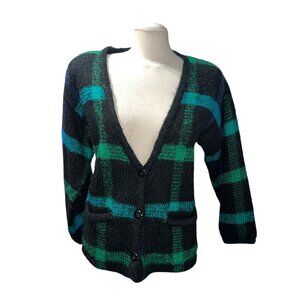 Vintage TJW By Mervyns Black & Green Plaid Knit Cardigan Sweater Size Large Pock